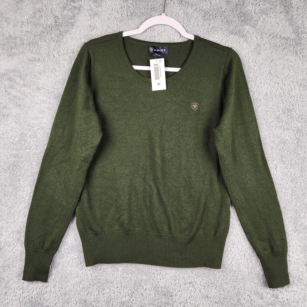 Ariat Sweater Womens XL Green Merino Wool Blend Crewneck Elbow Patch Logo Knit